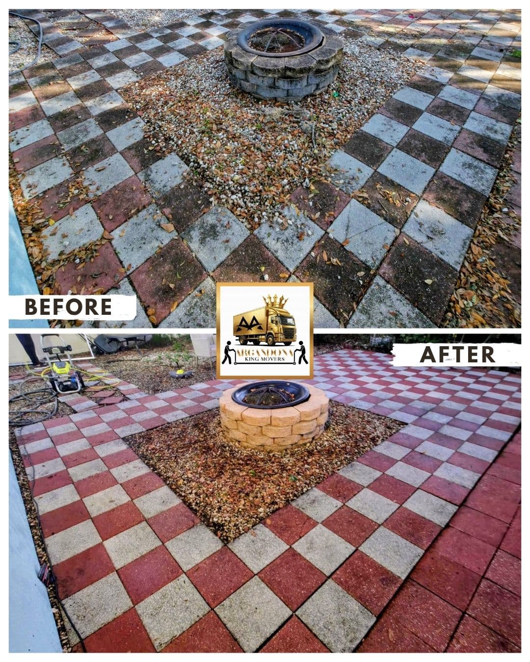 Before and after patio pressure cleaning around a backyard fire pit