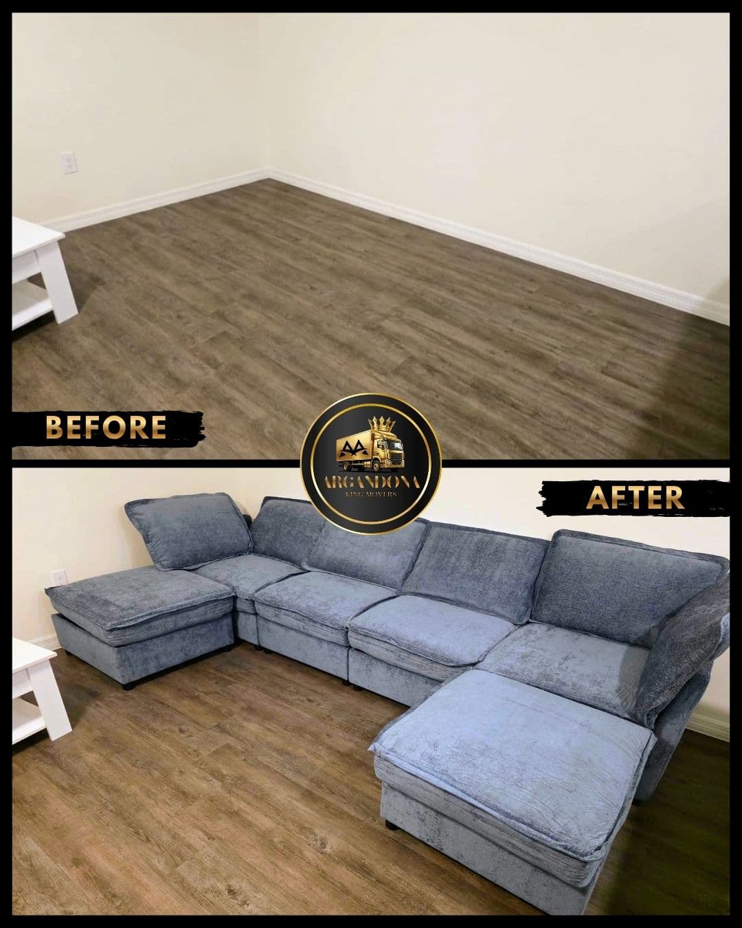 Before and after living room sectional setup