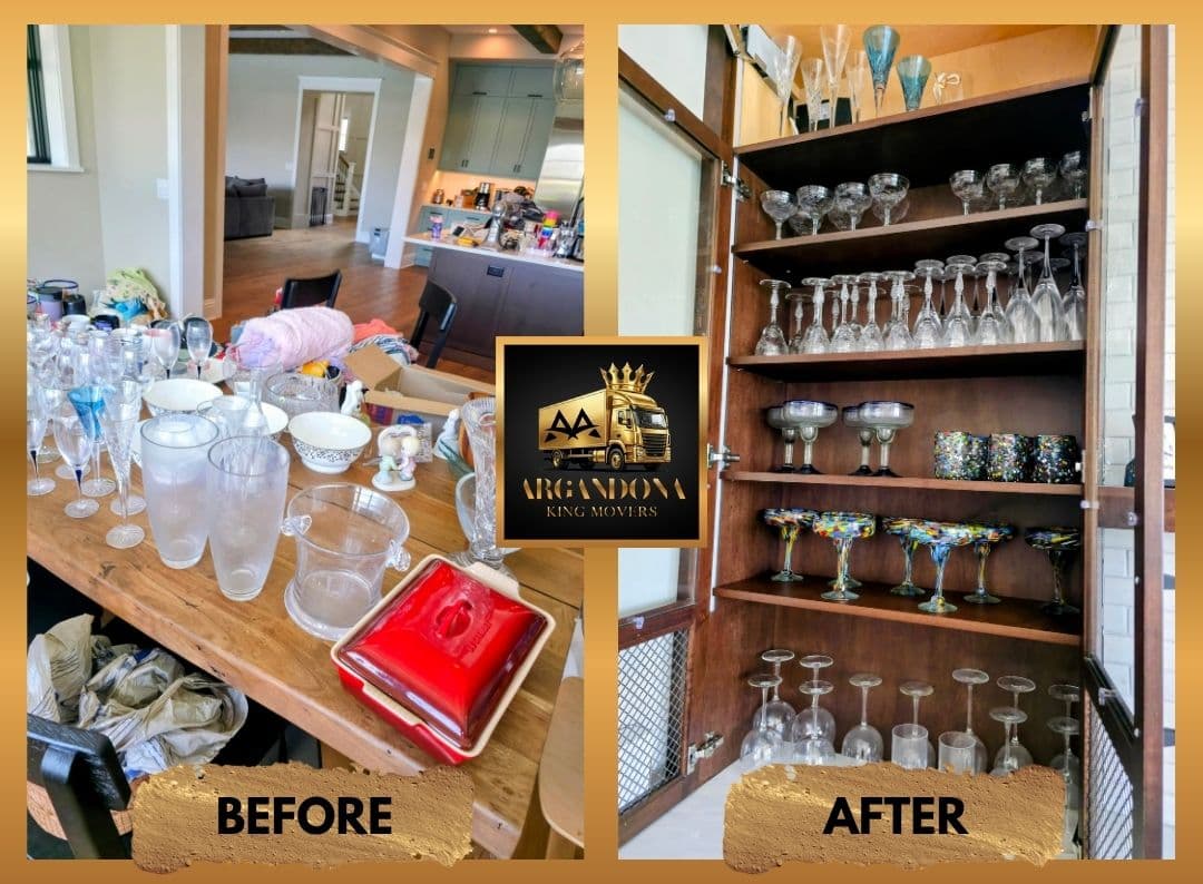 Before and after glassware unpacking and organization
