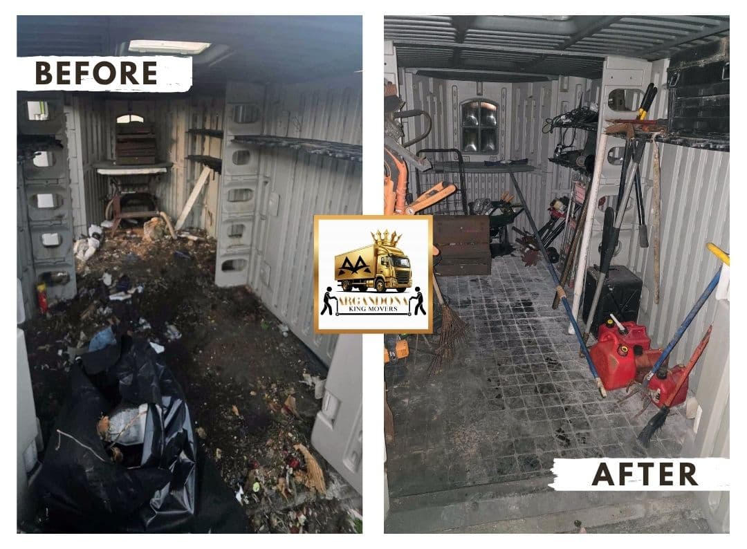 Before and after shed cleanout and organization