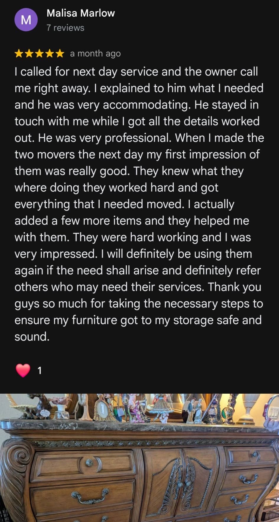 Malisa Marlow Google review screenshot